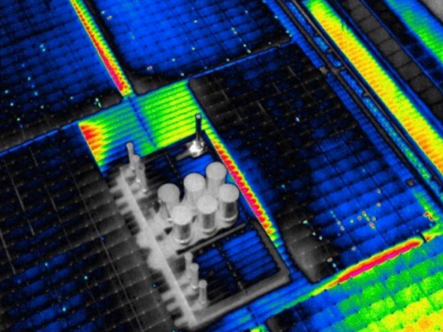 Solar panel — drone infrared thermal imaging showing fault detection